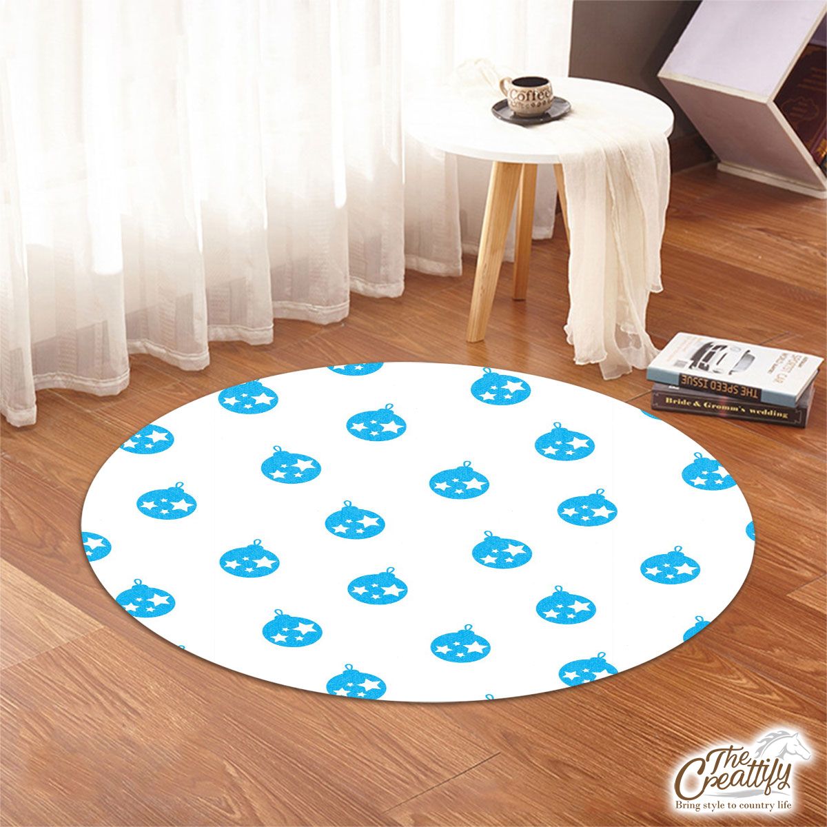 Light Blue Color Christmas Balls On The White Background Round Rug