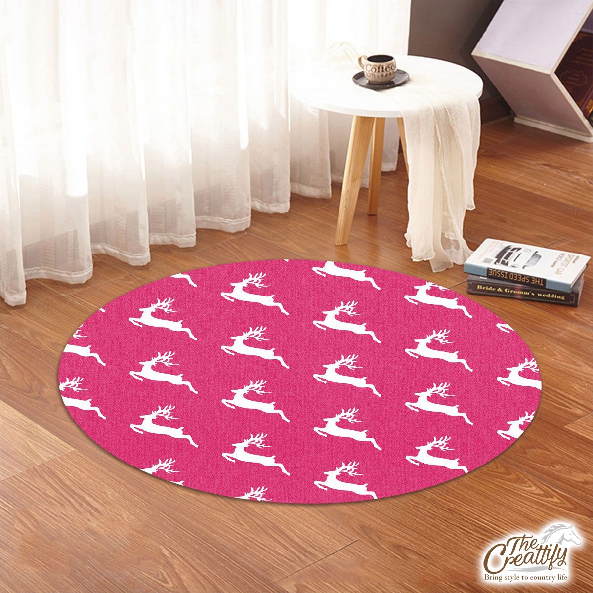 Pink And White Christmas Reindeeer Round Rug