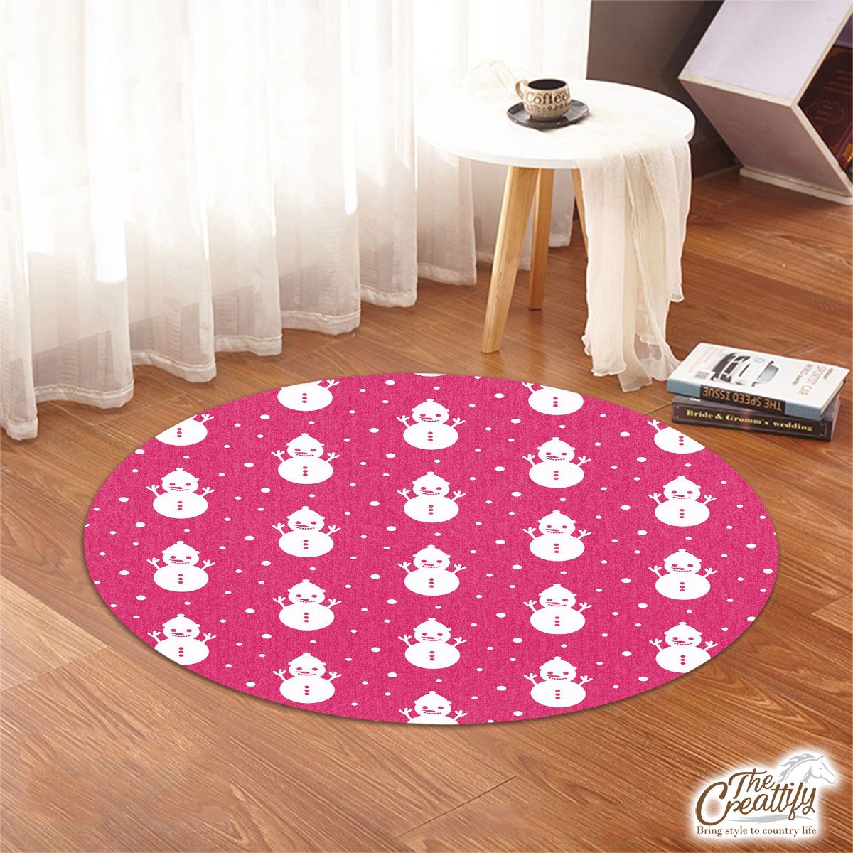 Pink And White Snowman Round Rug