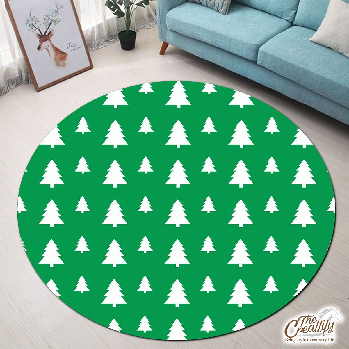 Christmas Tree, Christmas Tree Decorations, Pine Tree Pattern On Green 3 Round Carpet