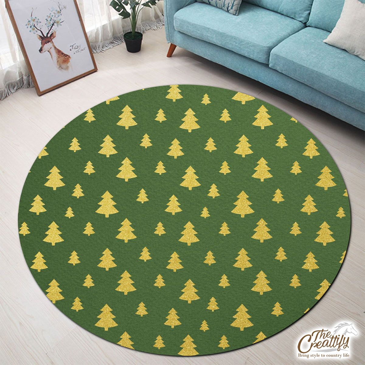 Christmas Tree, Christmas Tree Decorations, Pine Tree Pattern On Green Round Carpet