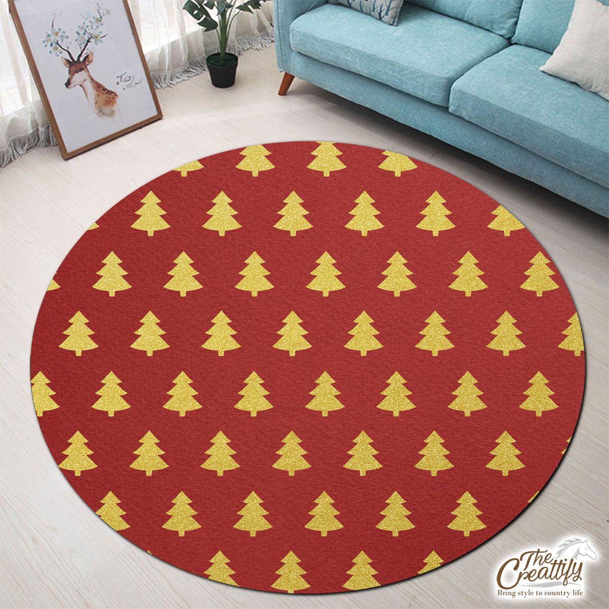 Christmas Tree, Christmas Tree Decorations, Pine Tree Pattern On Red Round Carpet