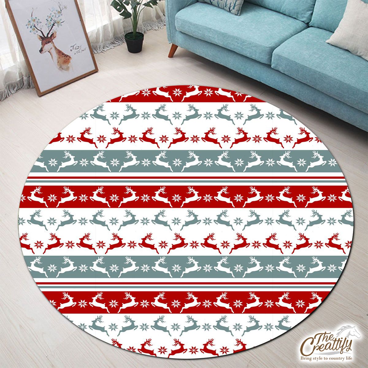 Colorful Christmas Reindeer, Snowflake Pattern Round Carpet