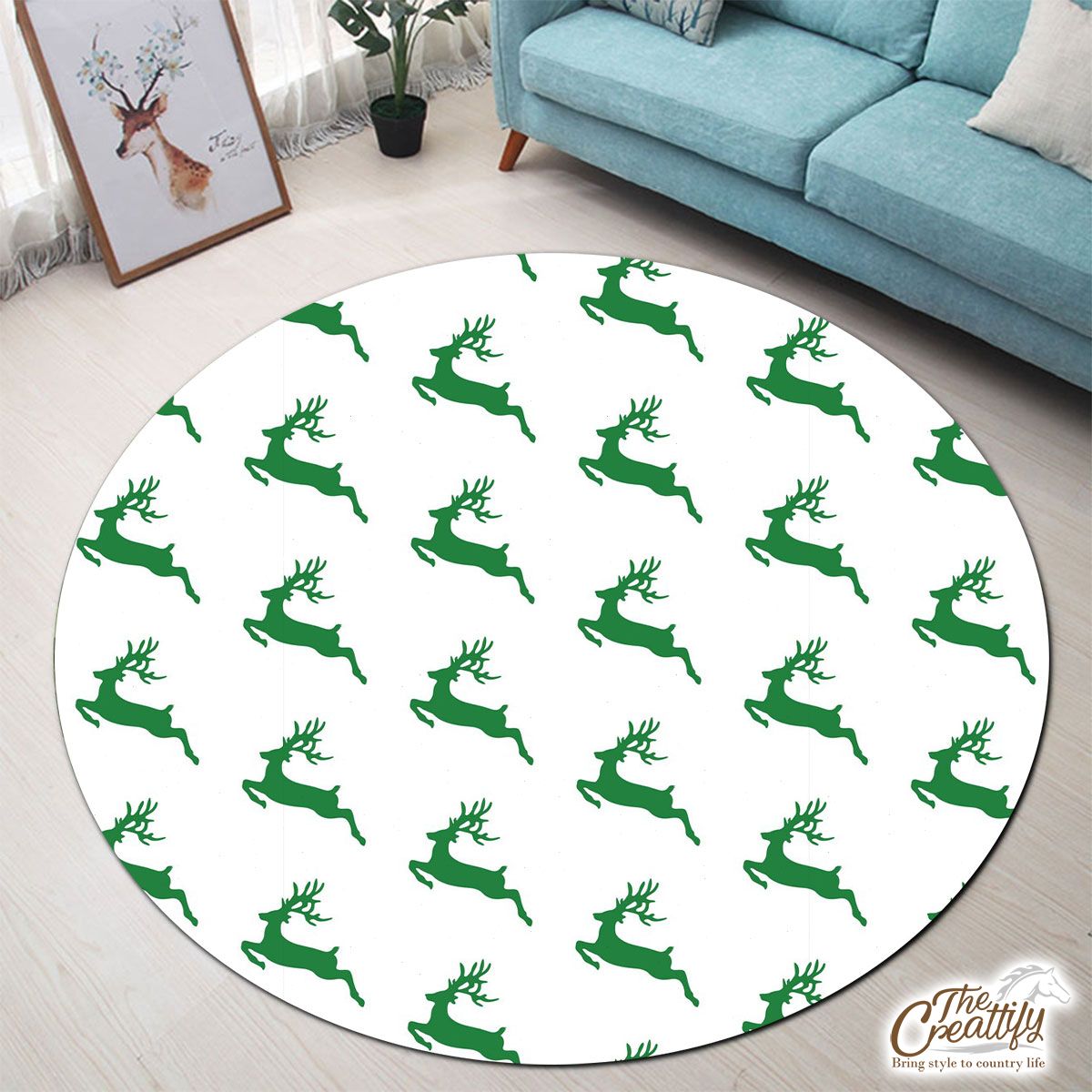 Green And White Christmas Reindeer Round Carpet