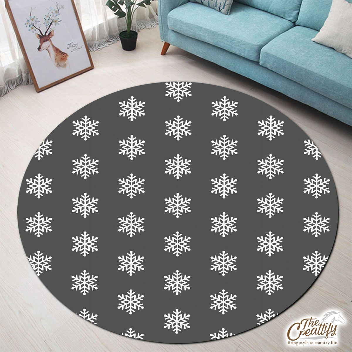 Grey And White Snowflake Round Carpet