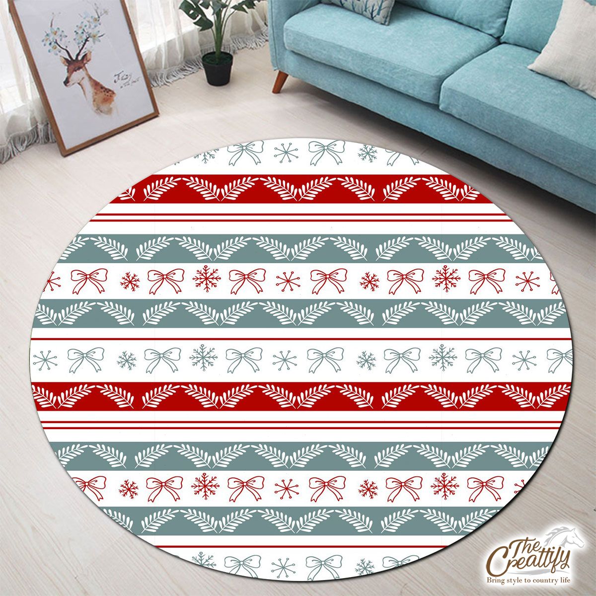 Holly Leaf, Snowflake, Red Christmas Bow Round Carpet
