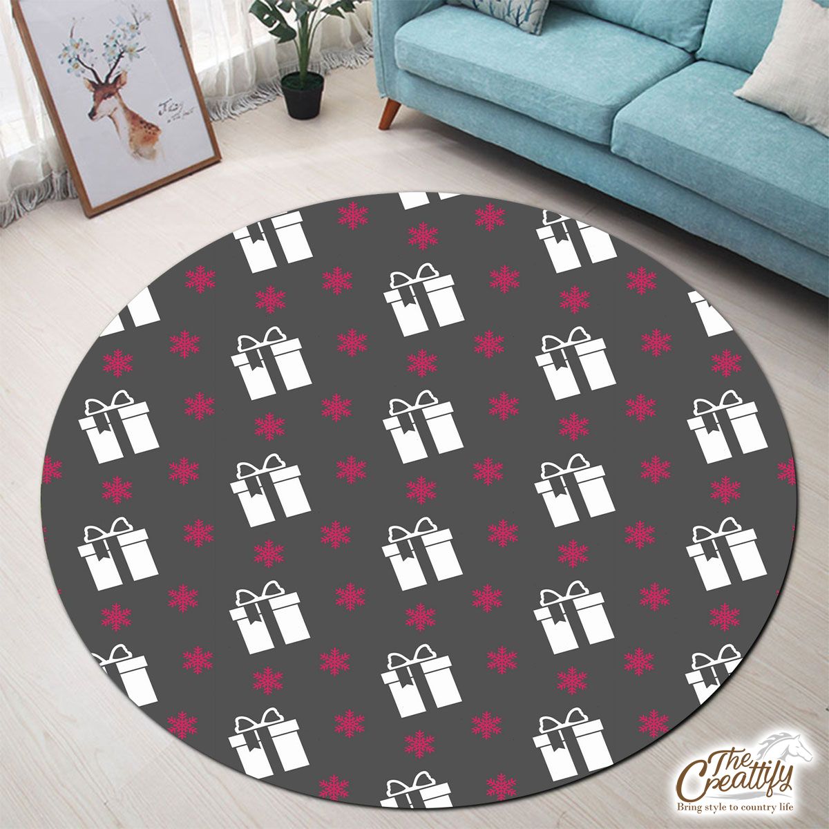 Pink And White Christmas Gift And Snowflake Round Carpet