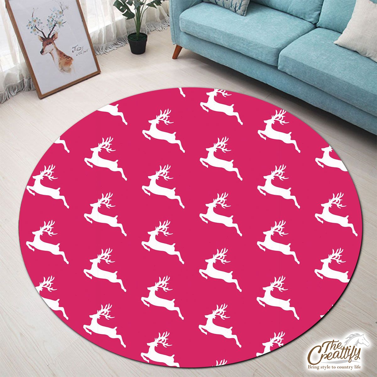 Pink And White Christmas Reindeeer Round Carpet