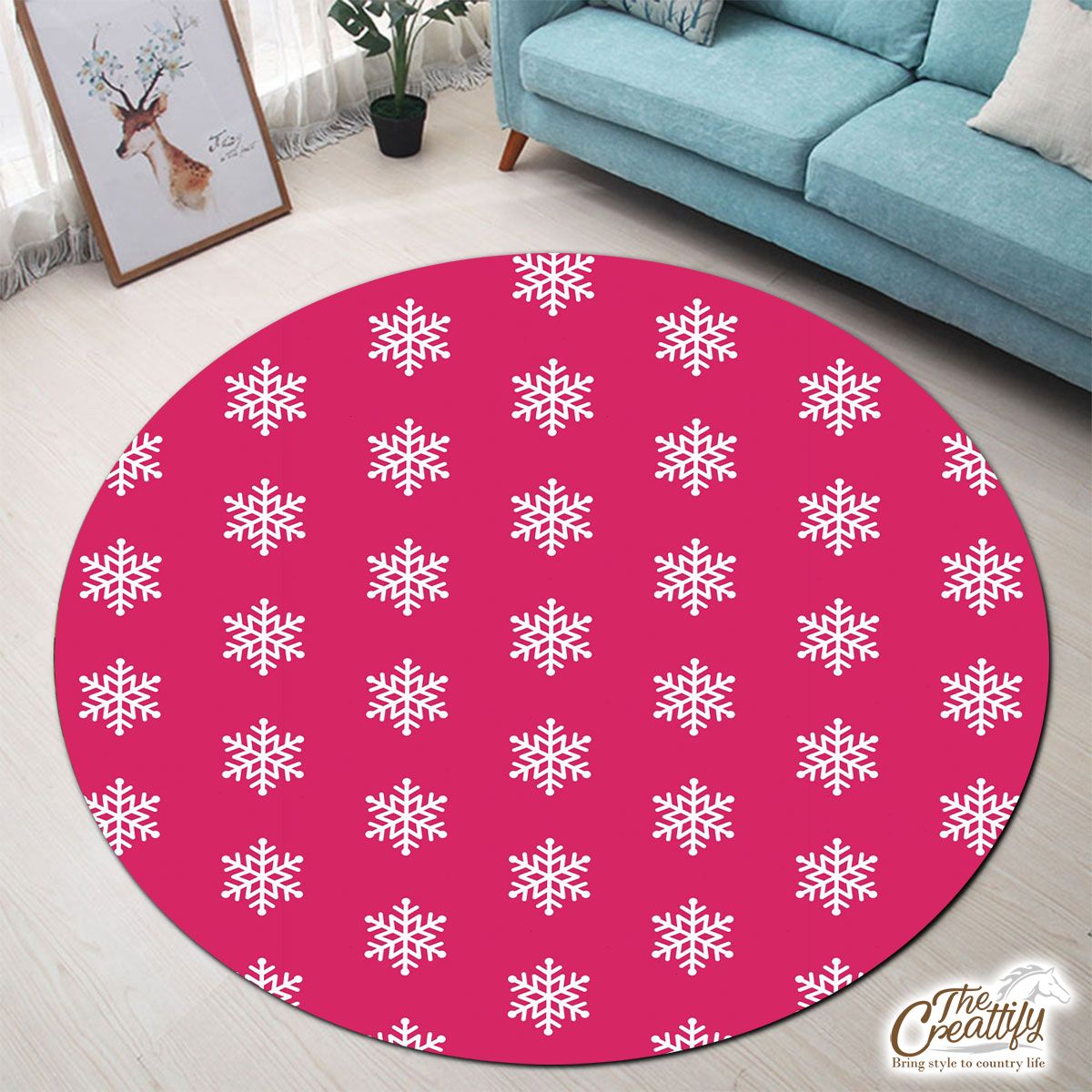 Pink And White Snowflake Round Carpet