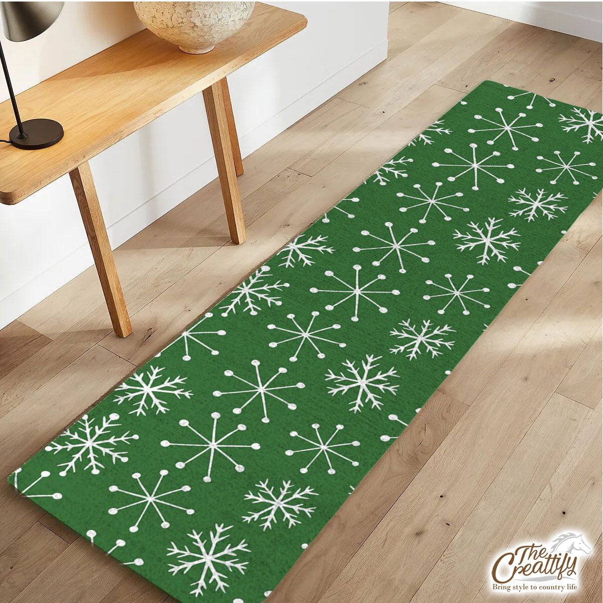 Green And White Snowflake Runner Carpet