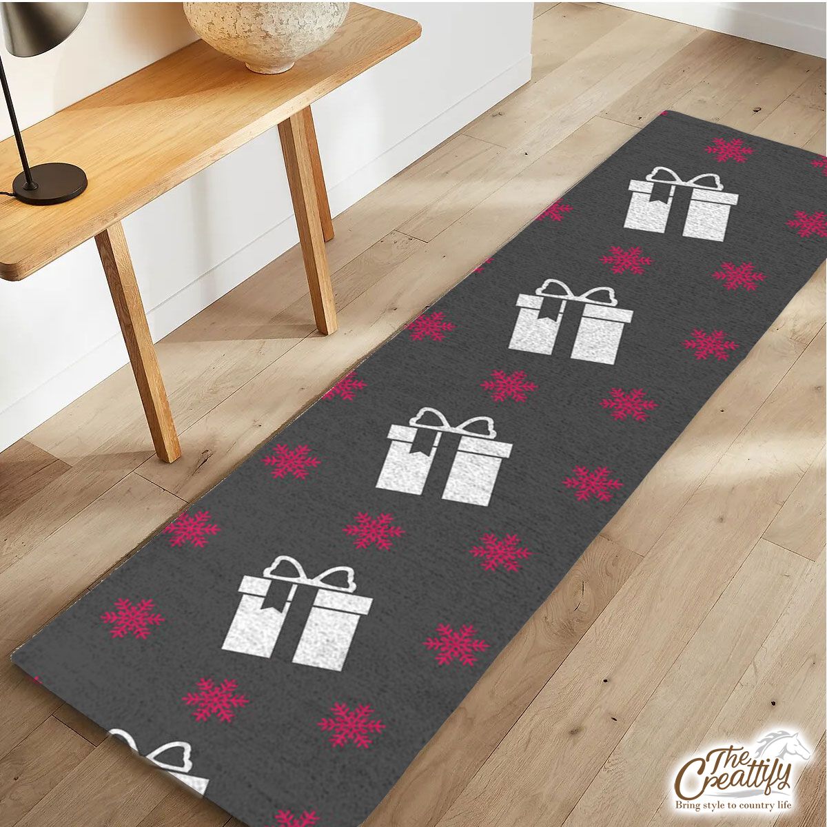 Pink And White Christmas Gift And Snowflake Runner Carpet