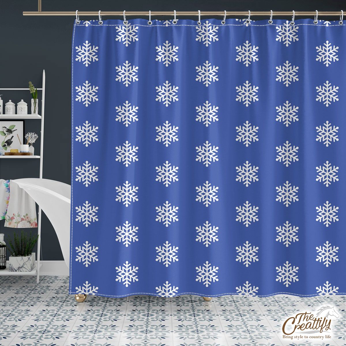 Christmas Snowflake Clipart On The Navy Blue Color Background Shower Curtain