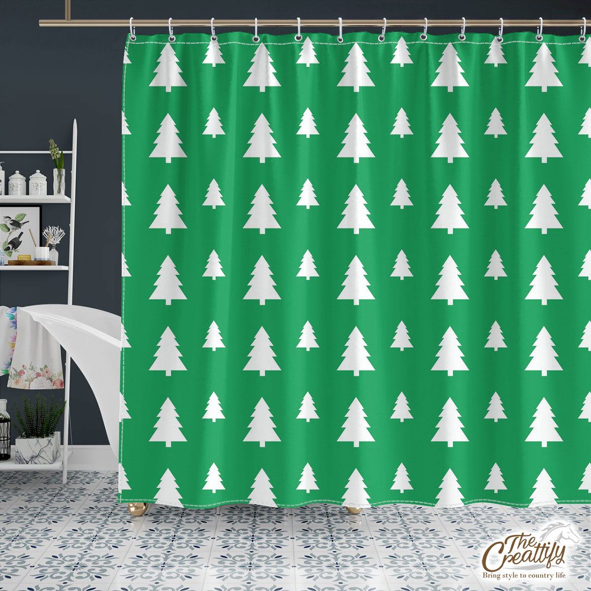 Christmas Tree, Christmas Tree Decorations, Pine Tree Pattern On Green 3 Shower Curtain