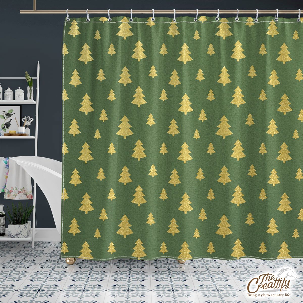 Christmas Tree, Christmas Tree Decorations, Pine Tree Pattern On Green Shower Curtain
