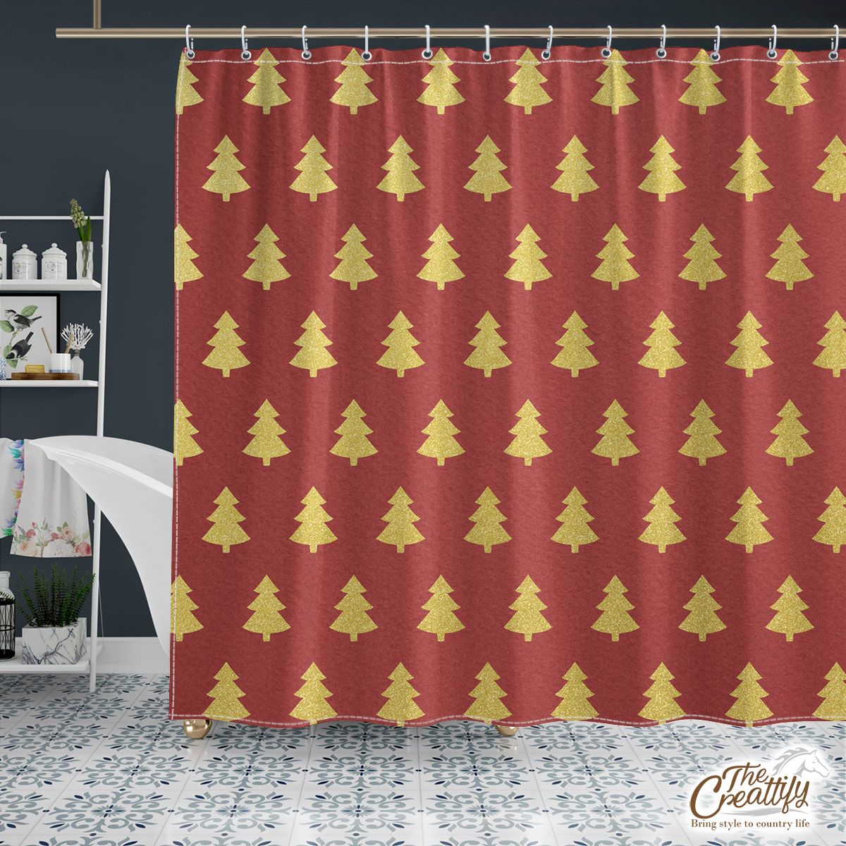 Christmas Tree, Christmas Tree Decorations, Pine Tree Pattern On Red Shower Curtain