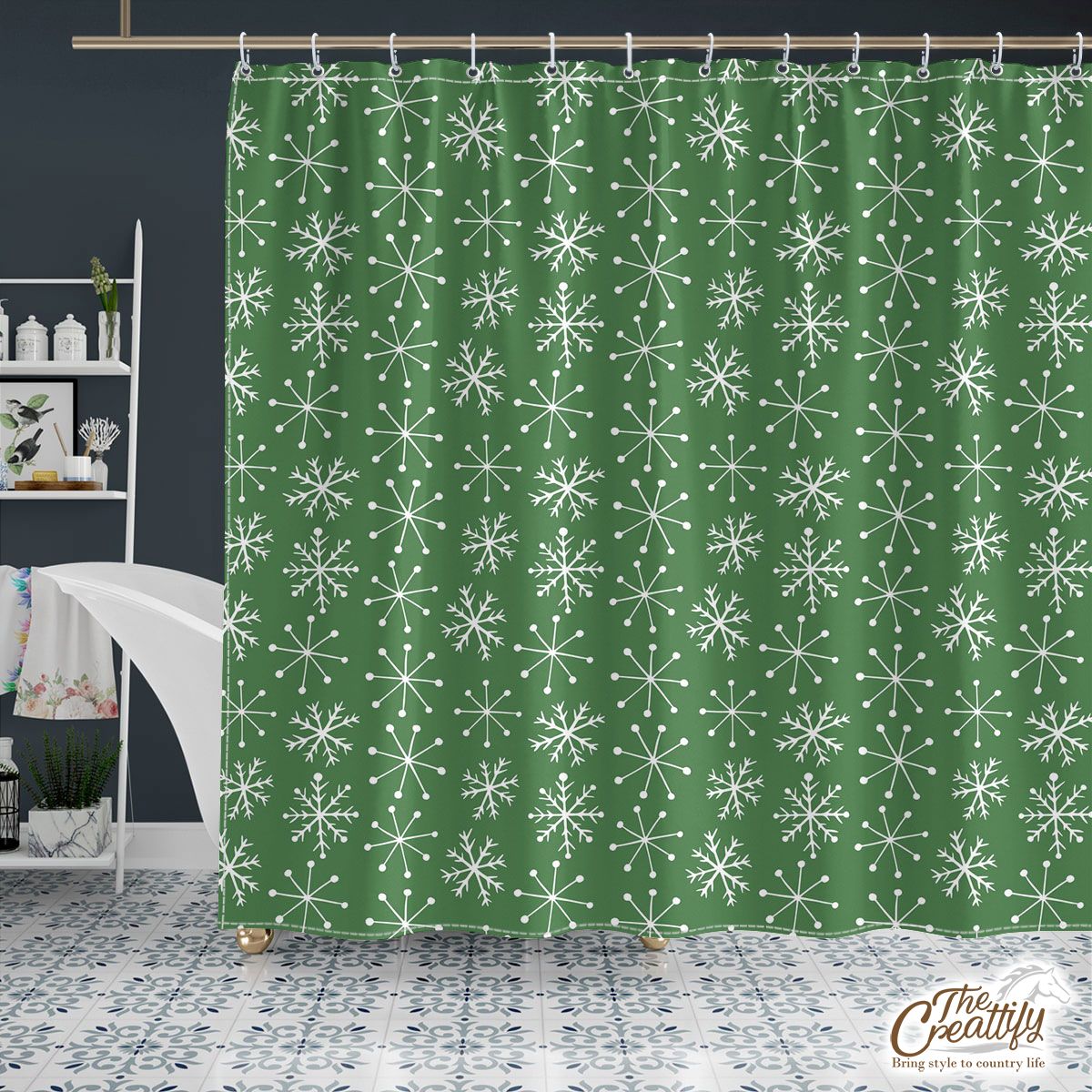 Green And White Snowflake Shower Curtain