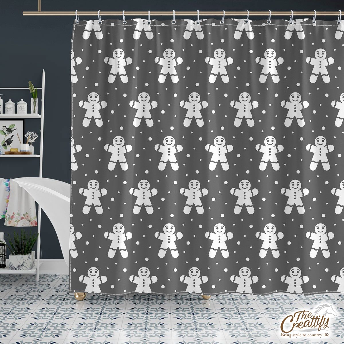 Grey And White Gingerbread Man Shower Curtain
