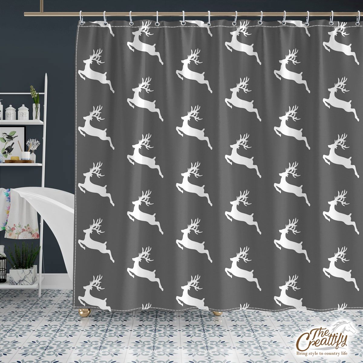 Grey And White Reindeer Shower Curtain