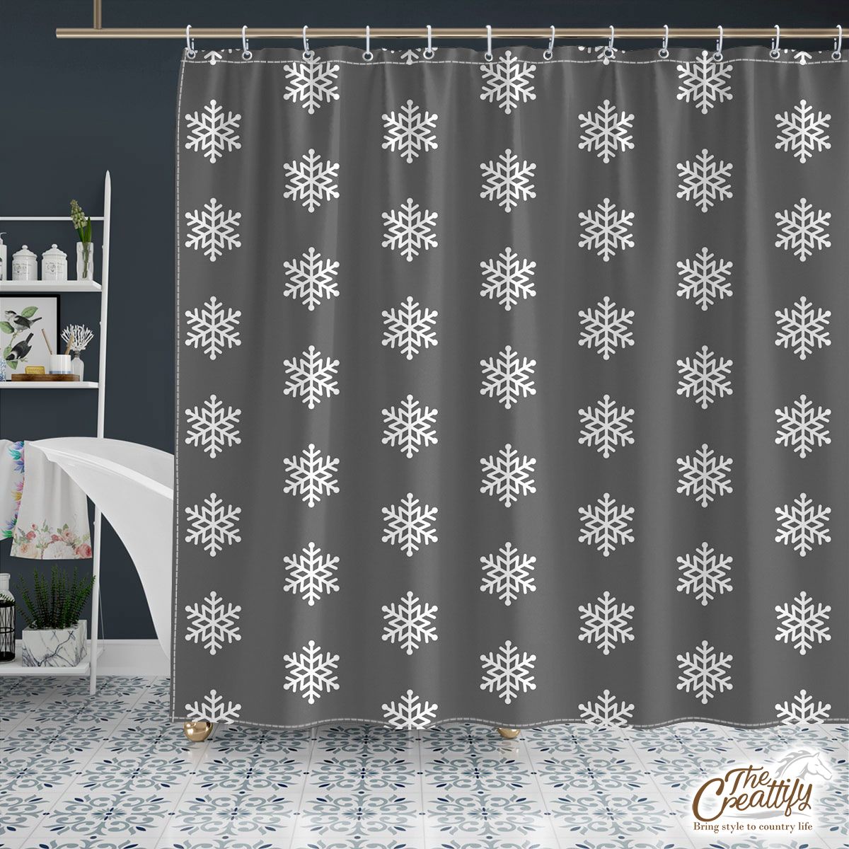 Grey And White Snowflake Shower Curtain