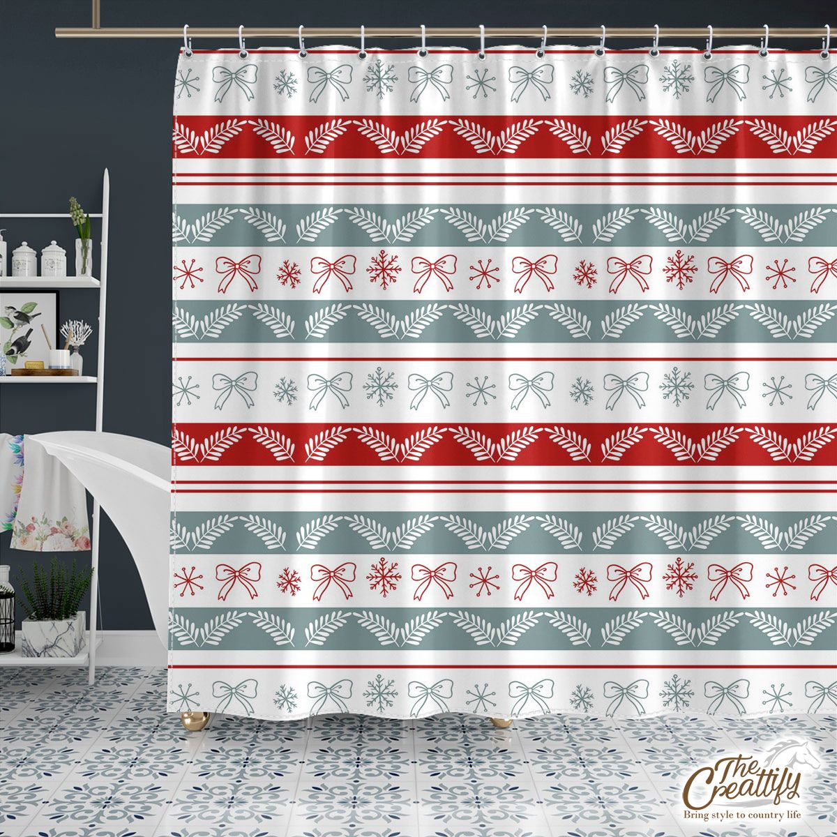 Holly Leaf, Snowflake, Red Christmas Bow Shower Curtain