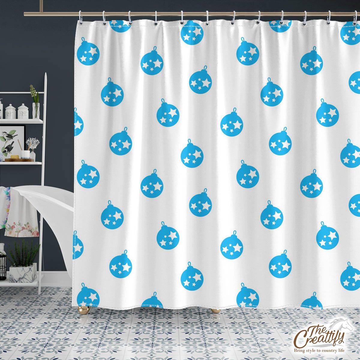 Light Blue Color Christmas Balls On The White Background Shower Curtain