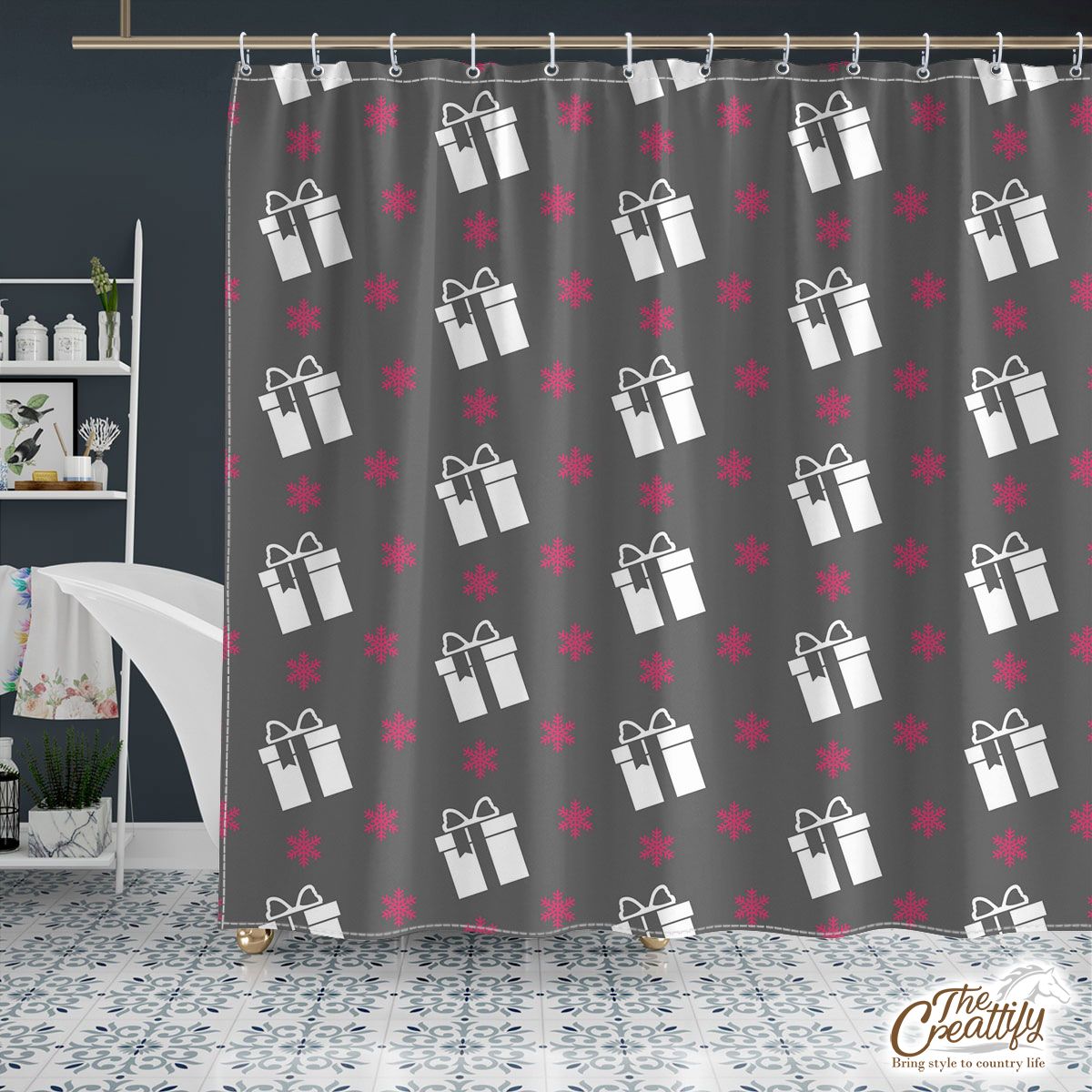 Pink And White Christmas Gift And Snowflake Shower Curtain