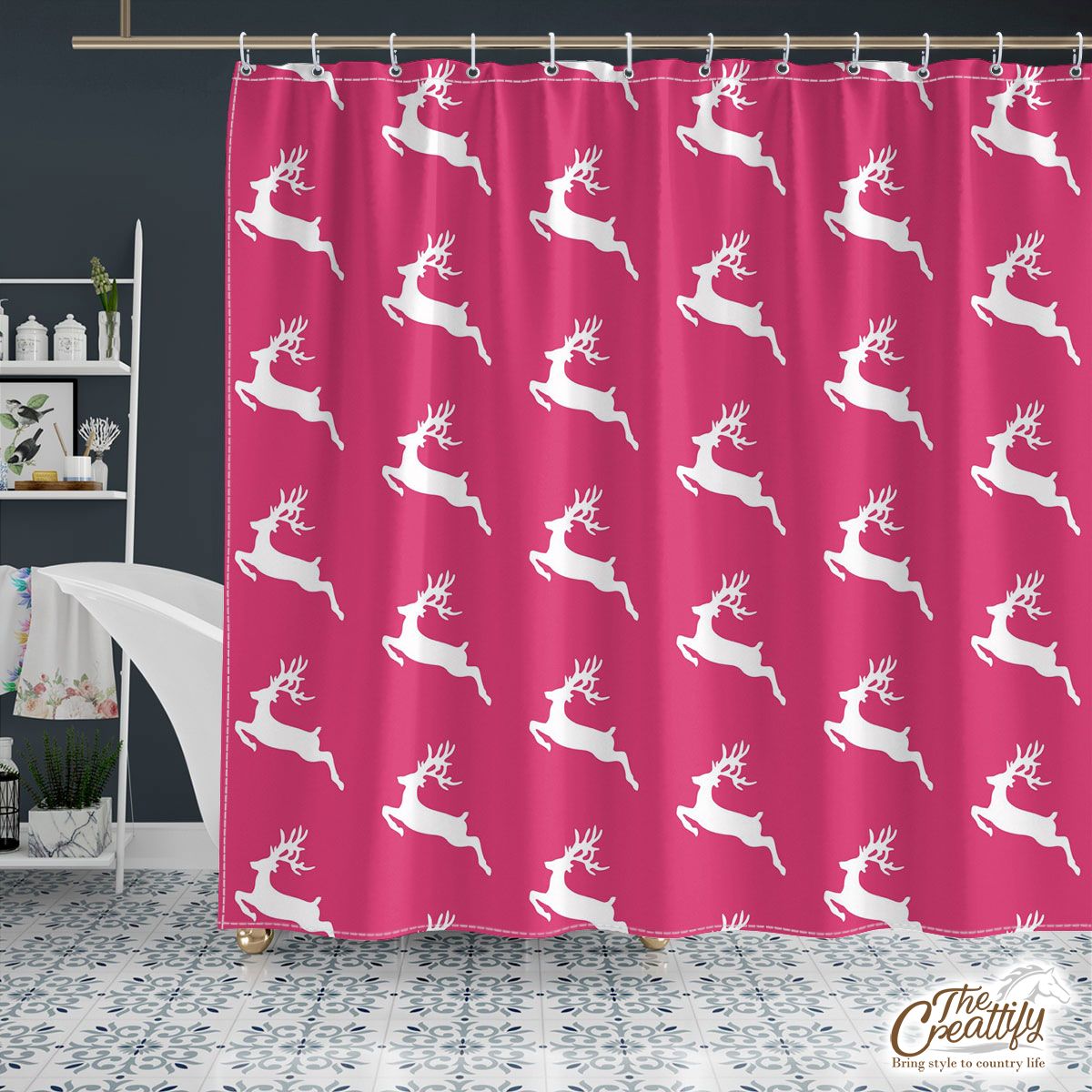 Pink And White Christmas Reindeeer Shower Curtain