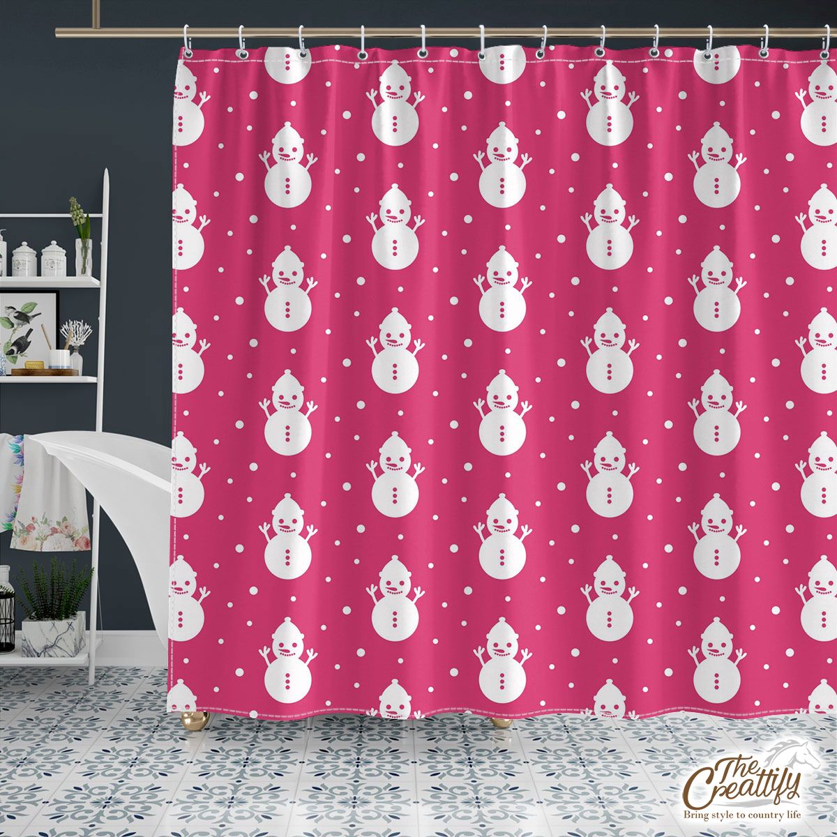 Pink And White Snowman Shower Curtain