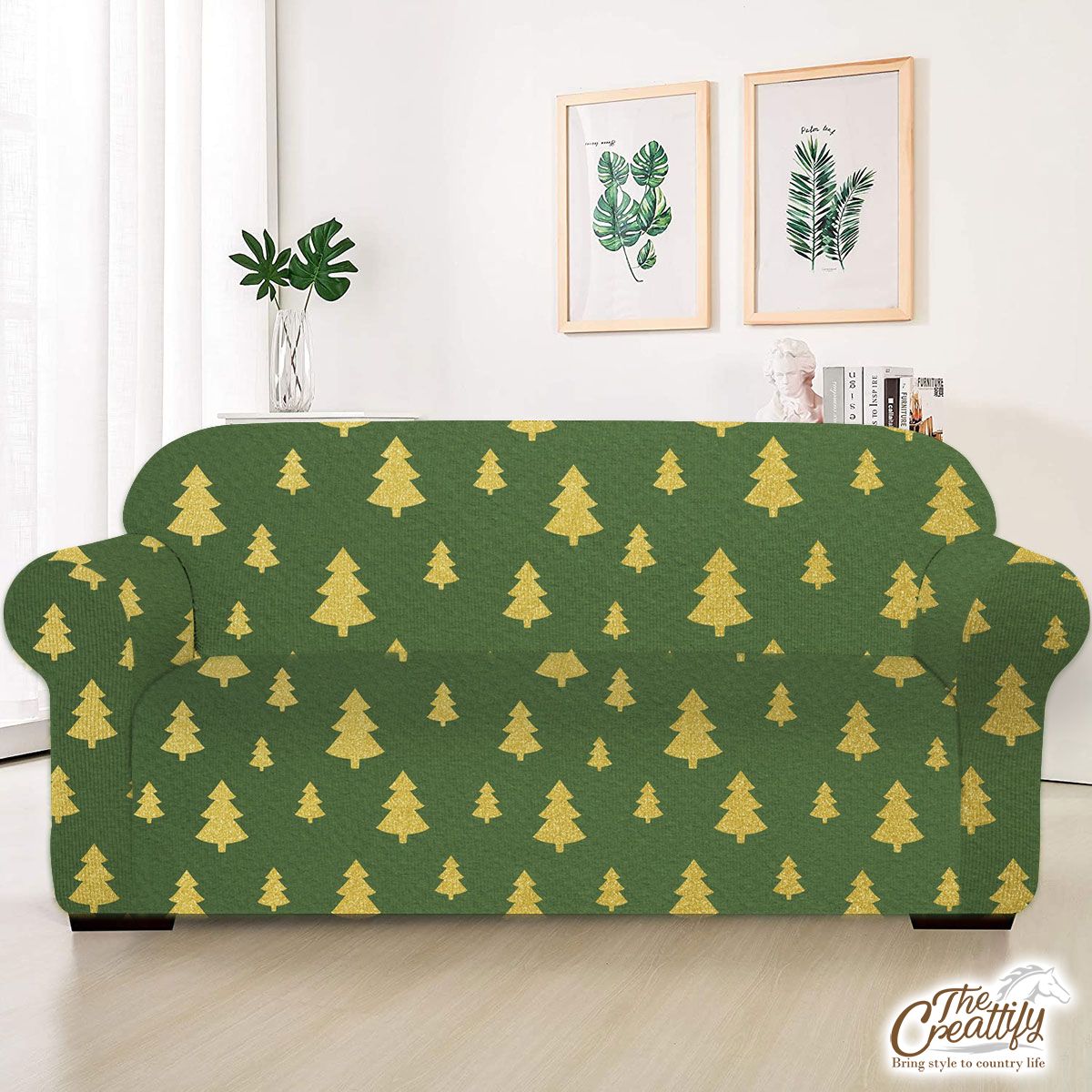 Christmas Tree, Christmas Tree Decorations, Pine Tree Pattern On Green Sofa Cover