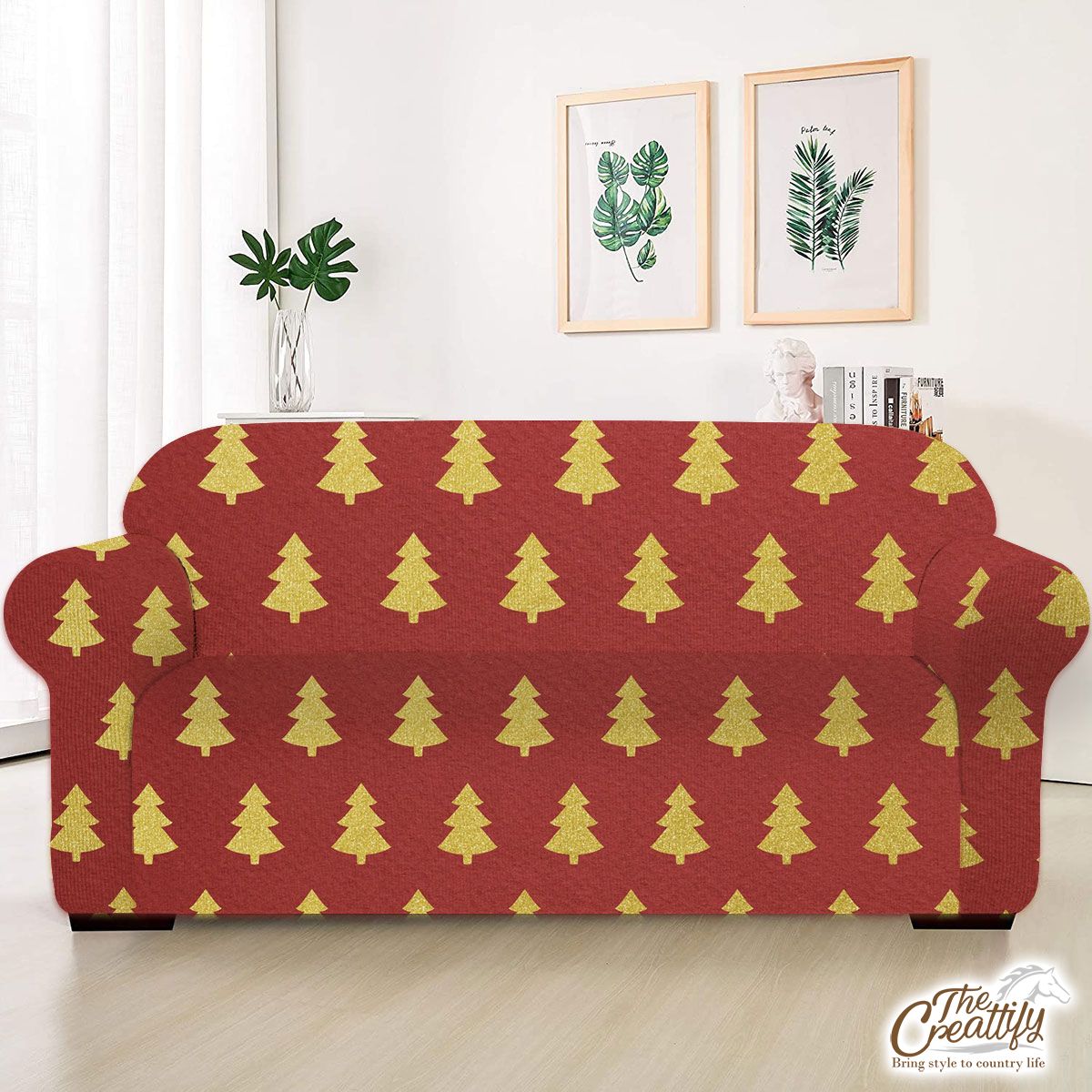 Christmas Tree, Christmas Tree Decorations, Pine Tree Pattern On Red Sofa Cover