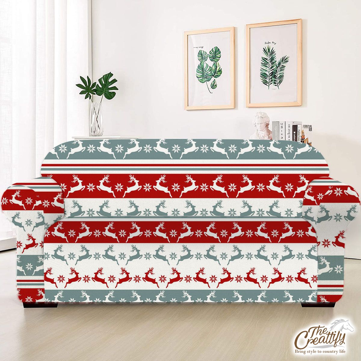 Colorful Christmas Reindeer, Snowflake Pattern Sofa Cover