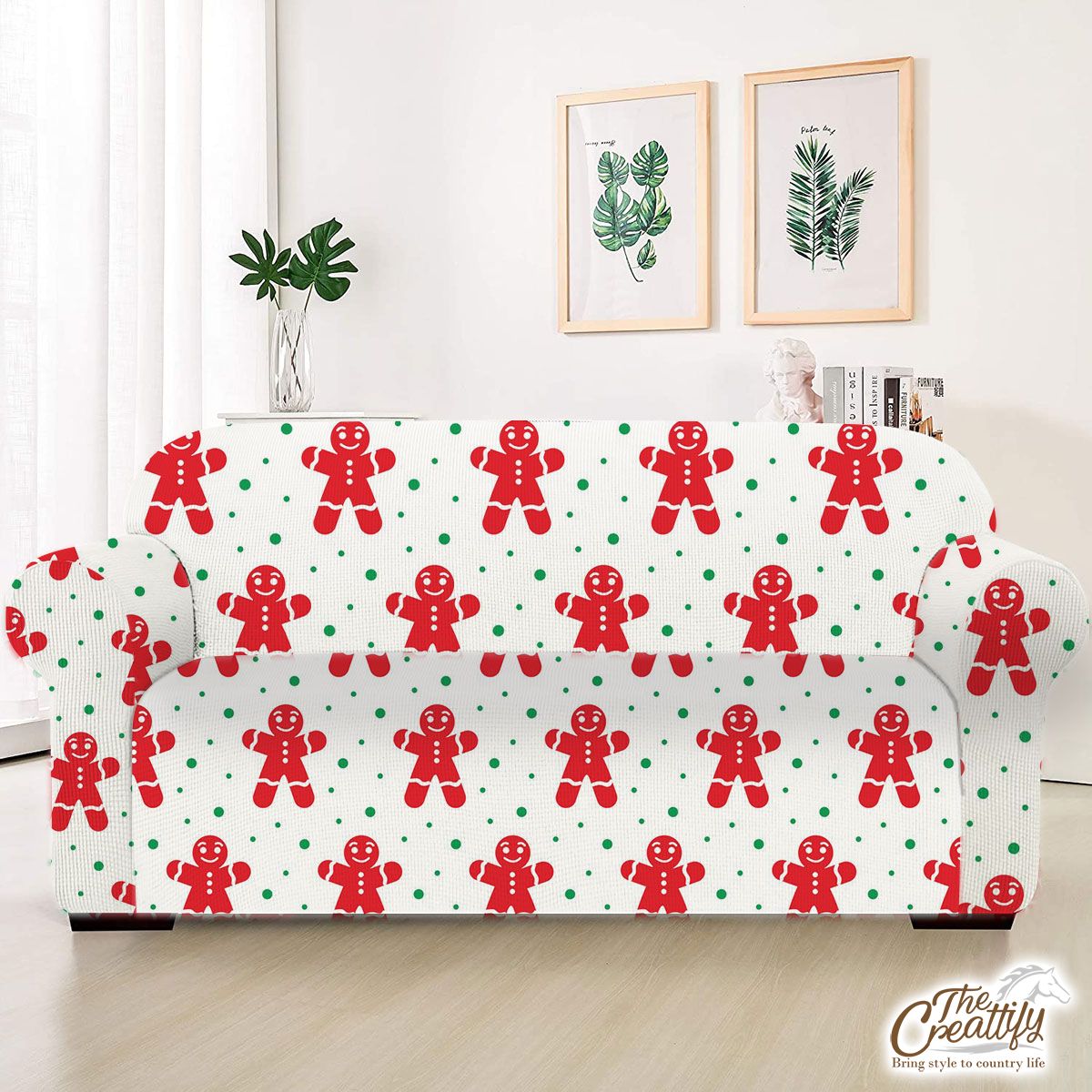 Gingerbread Man Cookies, Christmas Gingerbread Red With Snowflake Background Sofa Cover