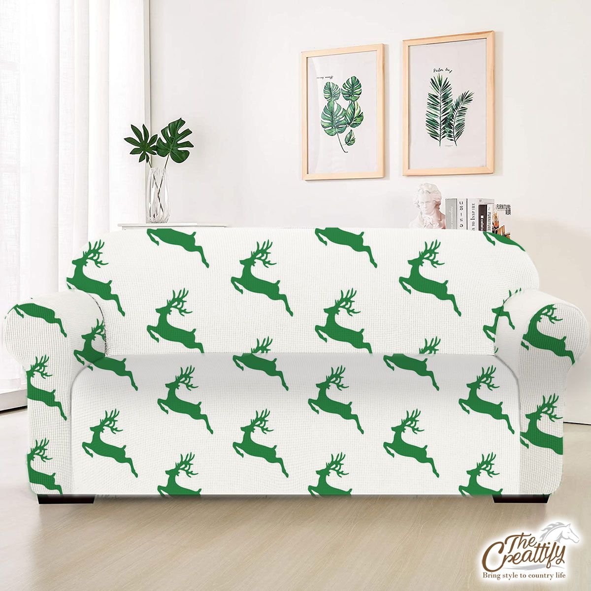 Green And White Christmas Reindeer Sofa Cover