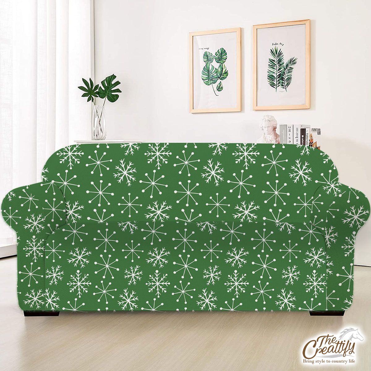 Green And White Snowflake Sofa Cover