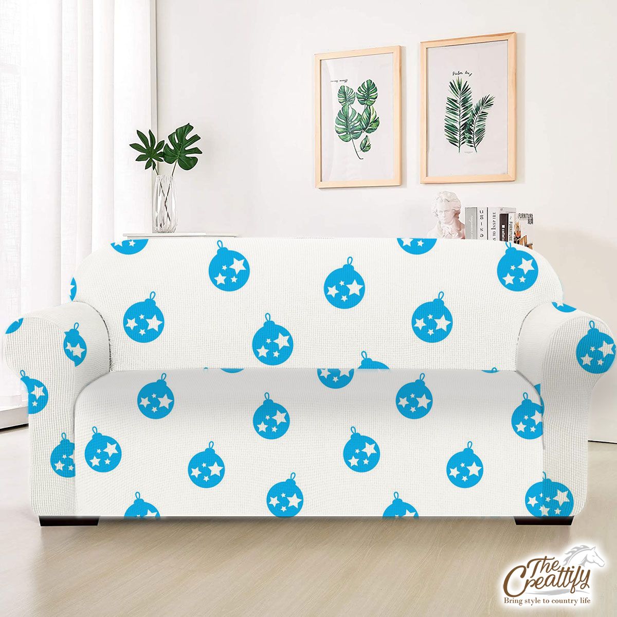 Light Blue Color Christmas Balls On The White Background Sofa Cover
