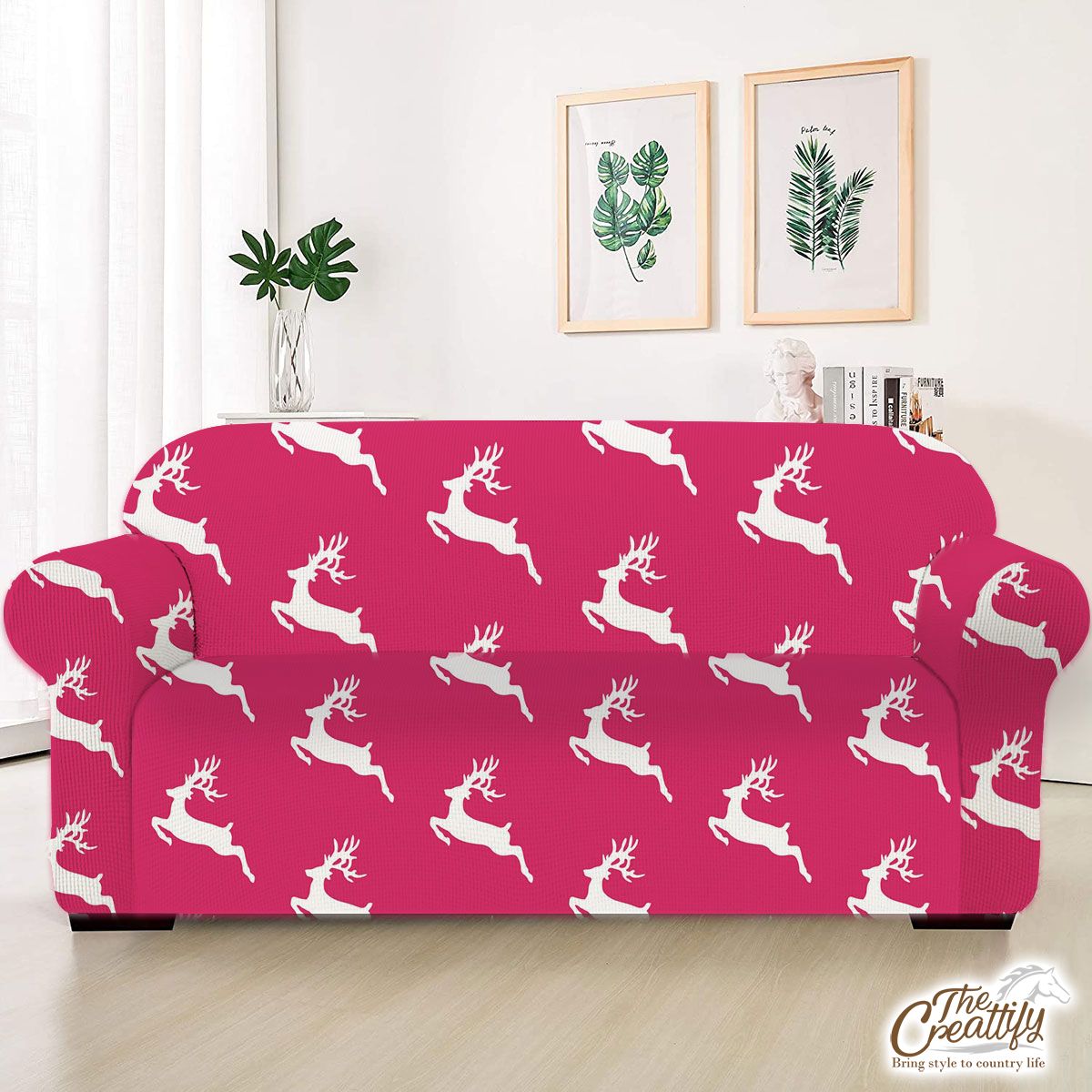 Pink And White Christmas Reindeeer Sofa Cover
