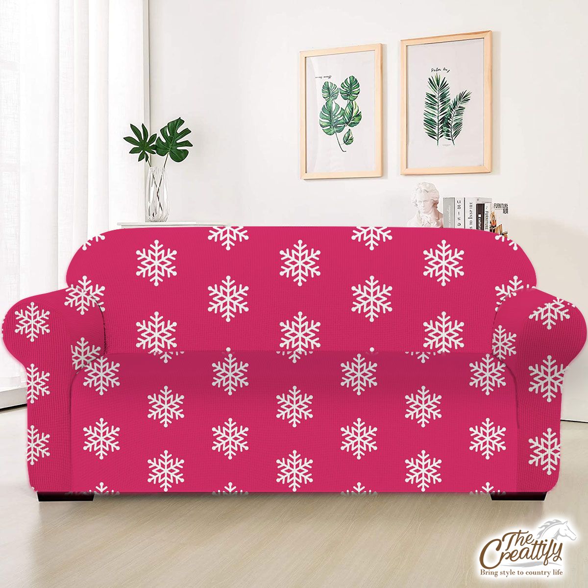 Pink And White Snowflake Sofa Cover