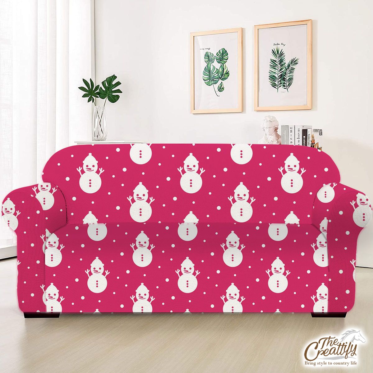 Pink And White Snowman Sofa Cover