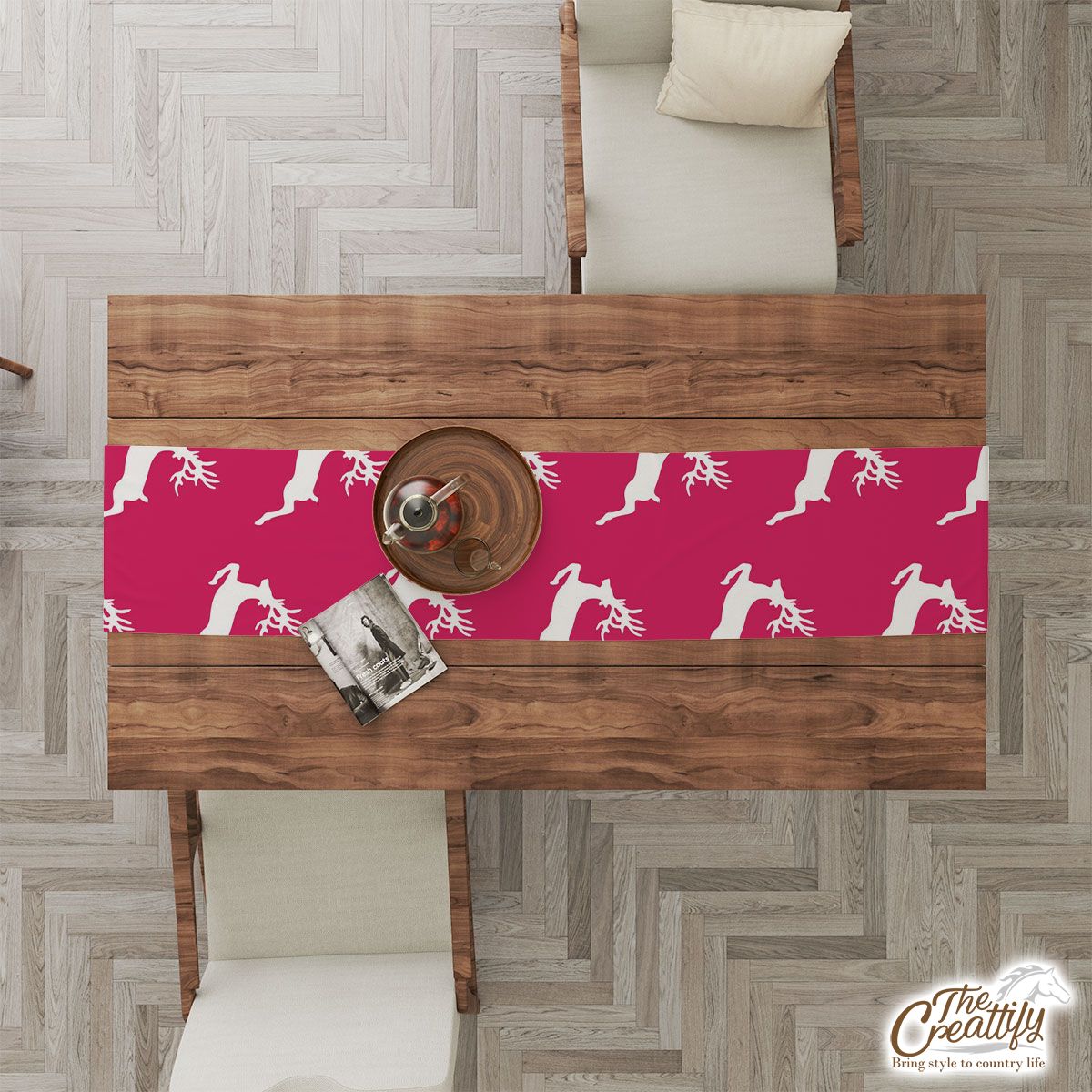 Pink And White Christmas Reindeeer Table Runner