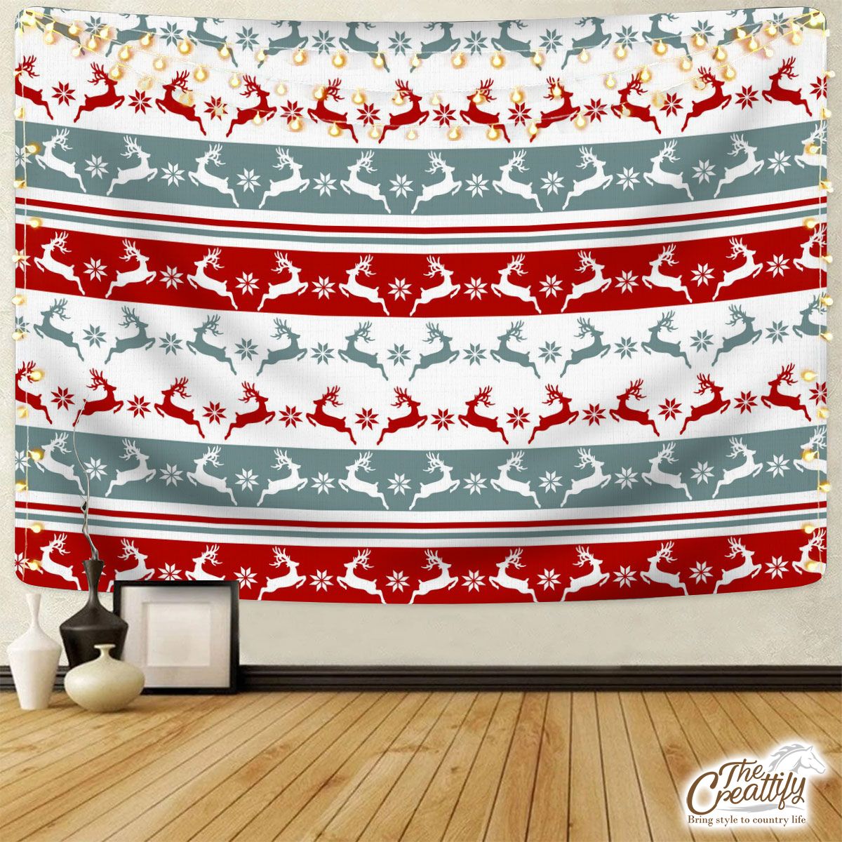 Colorful Christmas Reindeer, Snowflake Pattern Tapestry