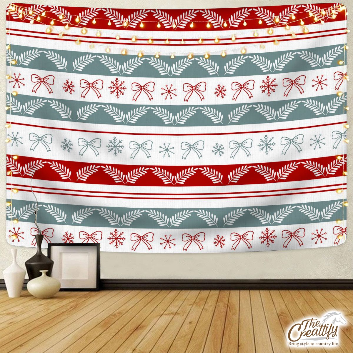 Holly Leaf, Snowflake, Red Christmas Bow Tapestry