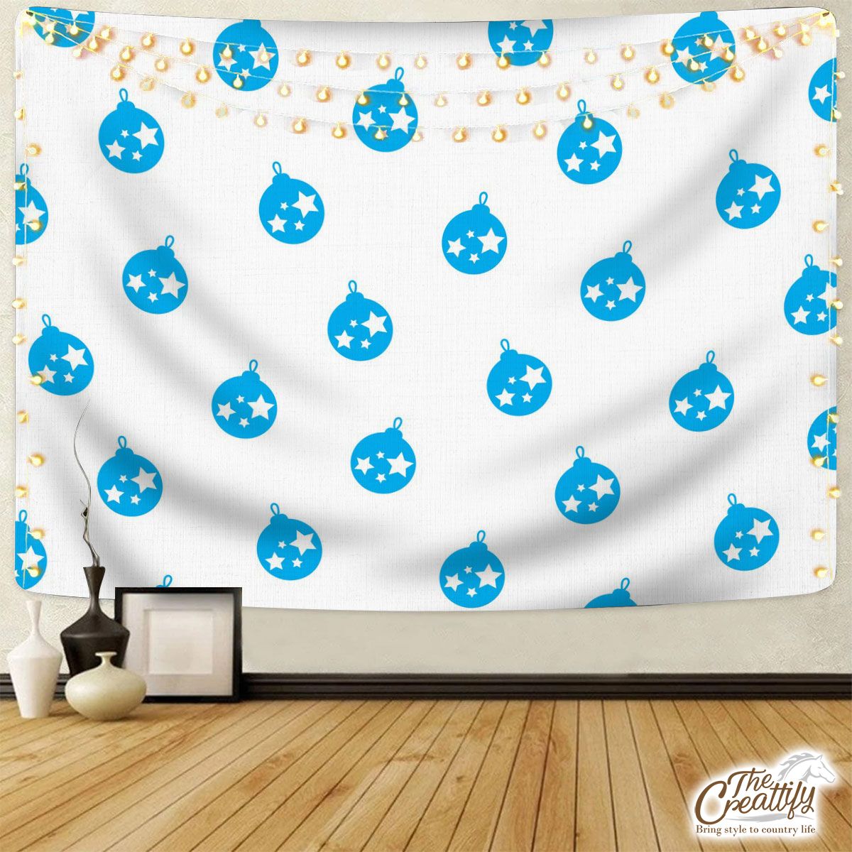 Light Blue Color Christmas Balls On The White Background Tapestry