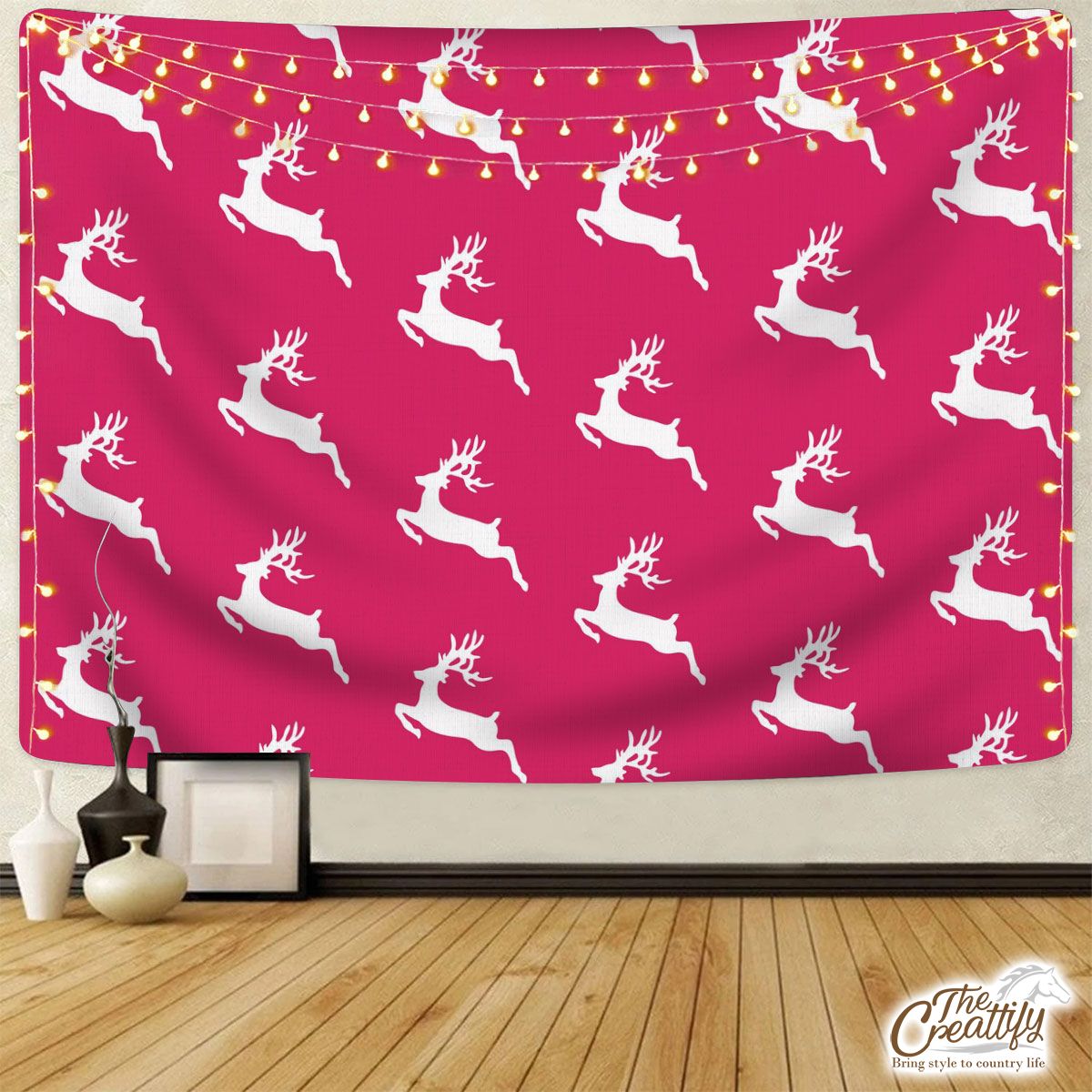 Pink And White Christmas Reindeeer Tapestry